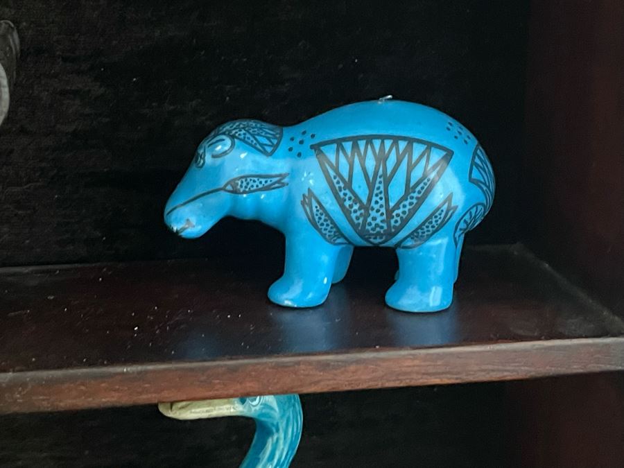 Chinese Carved Rosewood Glass Front Display Wall Curio Cabinet Lockable With Key And Collection Of Chinese Blue Porcelain Animal Figurines [Photo 14]