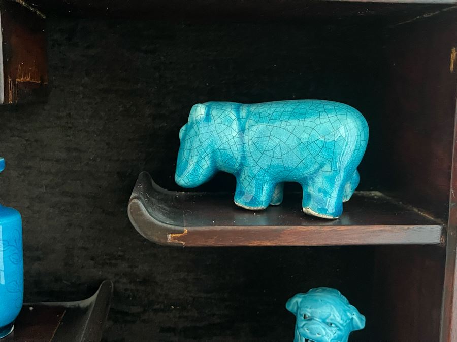 Chinese Carved Rosewood Glass Front Display Wall Curio Cabinet Lockable With Key And Collection Of Chinese Blue Porcelain Animal Figurines [Photo 5]