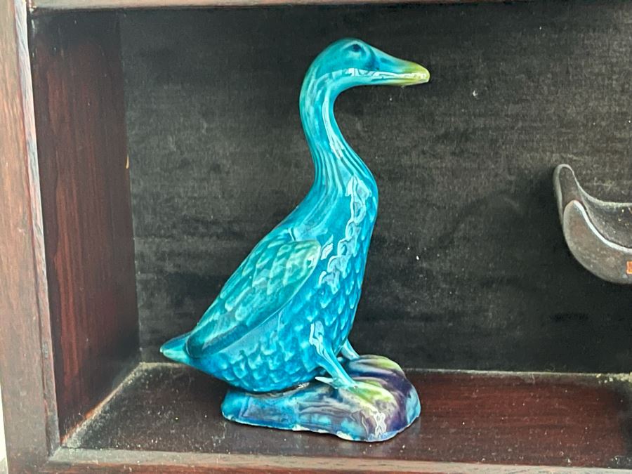 Chinese Carved Rosewood Glass Front Display Wall Curio Cabinet Lockable With Key And Collection Of Chinese Blue Porcelain Animal Figurines [Photo 17]