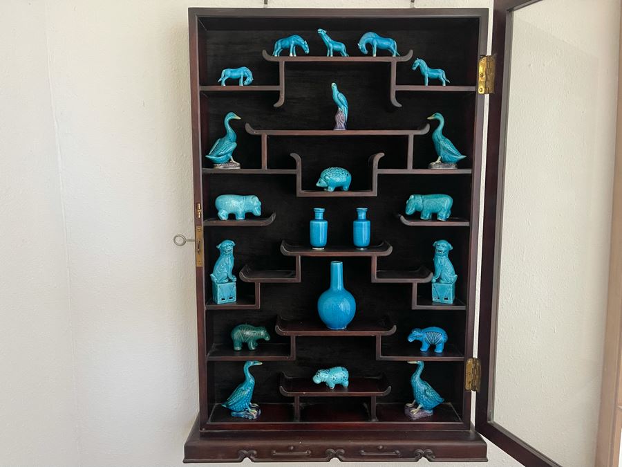 Chinese Carved Rosewood Glass Front Display Wall Curio Cabinet Lockable With Key And Collection Of Chinese Blue Porcelain Animal Figurines [Photo 3]