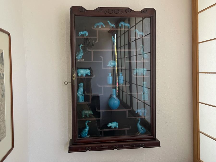 Chinese Carved Rosewood Glass Front Display Wall Curio Cabinet Lockable With Key [Photo 5]