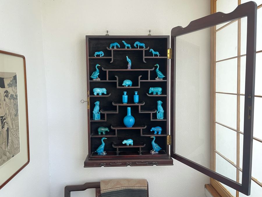 Chinese Carved Rosewood Glass Front Display Wall Curio Cabinet Lockable With Key [Photo 4]