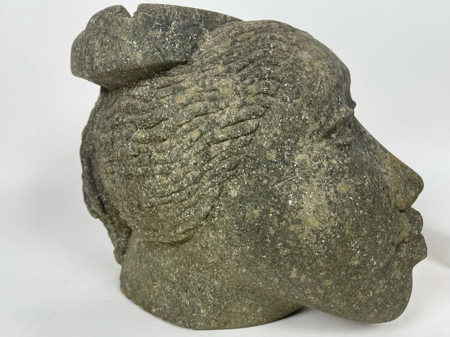 Large Carved Stone Woman's Head Sculpture With Heart Ashtray Top 12W X 7D X 9H [Photo 14]