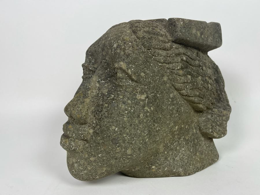 Large Carved Stone Woman's Head Sculpture With Heart Ashtray Top 12W X 7D X 9H [Photo 3]
