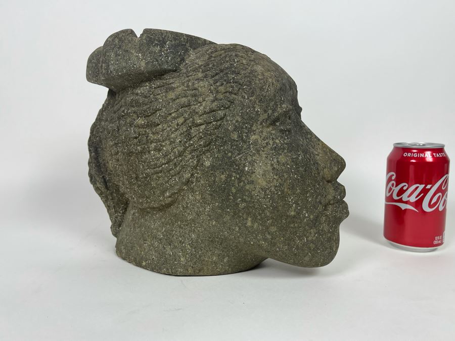 Large Carved Stone Woman's Head Sculpture With Heart Ashtray Top 12W X 7D X 9H [Photo 1]
