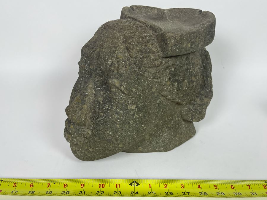Large Carved Stone Woman's Head Sculpture With Heart Ashtray Top 12W X 7D X 9H [Photo 6]