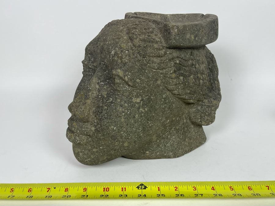 Large Carved Stone Woman's Head Sculpture With Heart Ashtray Top 12W X 7D X 9H [Photo 5]