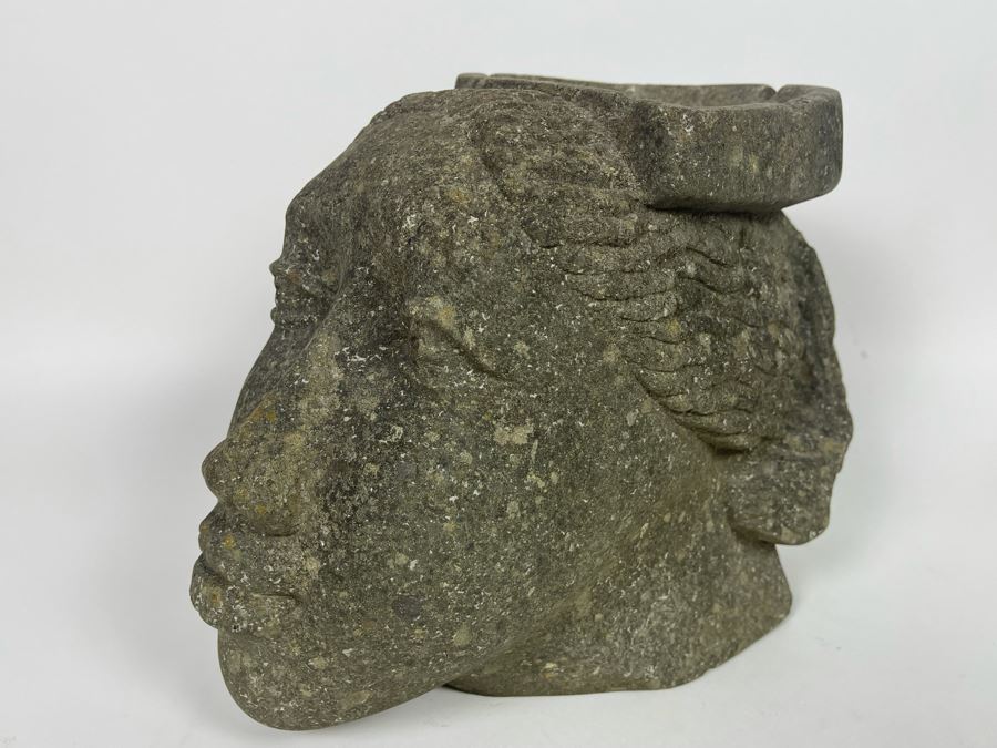 Large Carved Stone Woman's Head Sculpture With Heart Ashtray Top 12W X 7D X 9H [Photo 4]