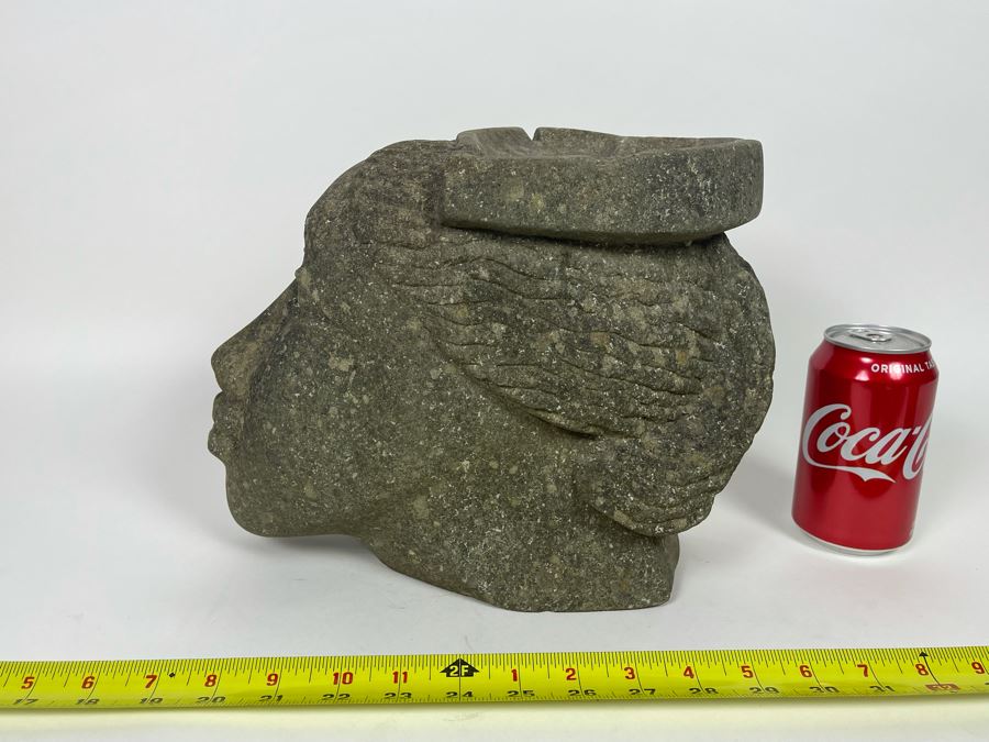 Large Carved Stone Woman's Head Sculpture With Heart Ashtray Top 12W X 7D X 9H [Photo 2]