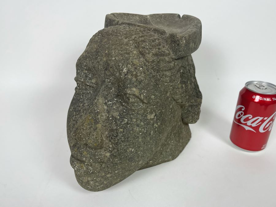 Large Carved Stone Woman's Head Sculpture With Heart Ashtray Top 12W X 7D X 9H [Photo 10]