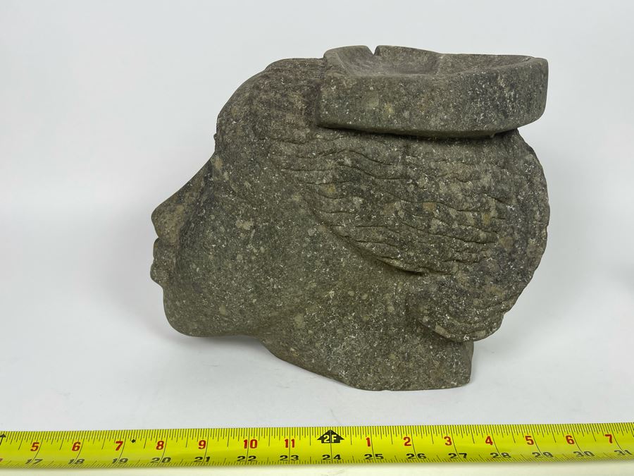 Large Carved Stone Woman's Head Sculpture With Heart Ashtray Top 12W X 7D X 9H [Photo 7]