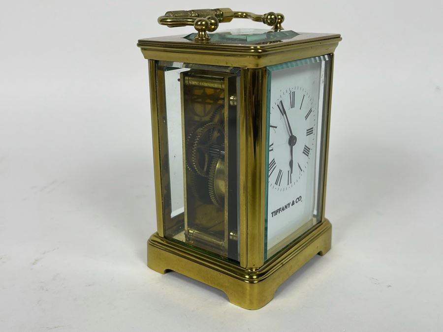 Brass Tiffany & Co Mechanical Carriage Clock Made In France With Key Working (Click To See Video) 3W X 3D X 5H [Photo 3]