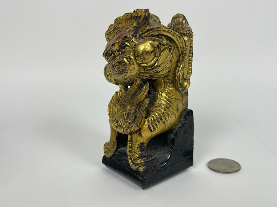 Vintage Chinese Carved Gilt Wooden Foo Dog Figurine 4.5H [Photo 4]
