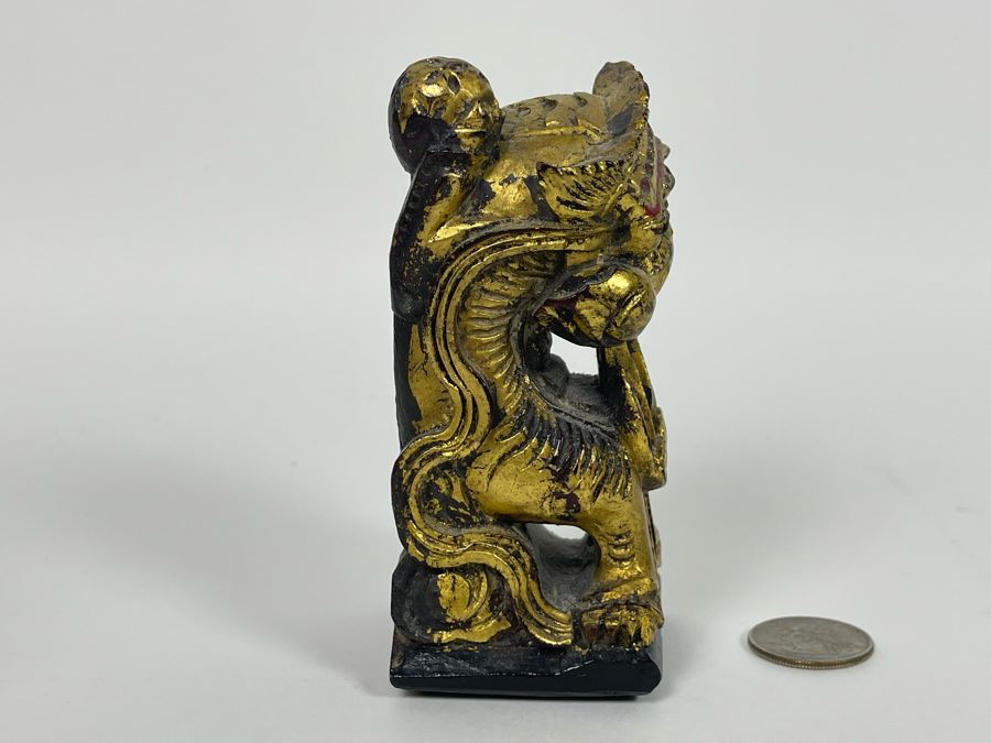 Vintage Chinese Carved Gilt Wooden Foo Dog Figurine 4.5H [Photo 8]