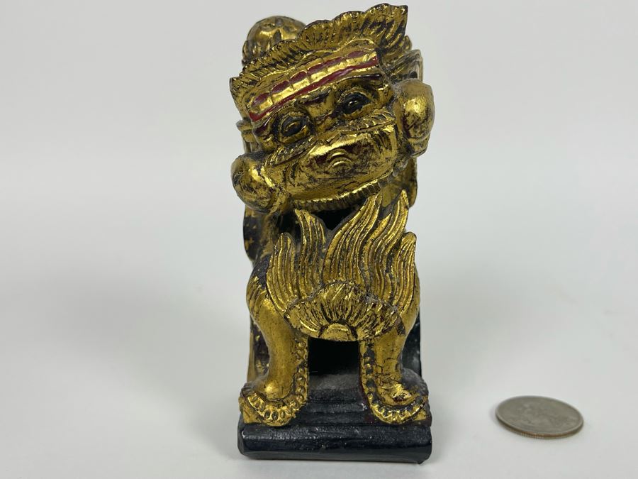 Vintage Chinese Carved Gilt Wooden Foo Dog Figurine 4.5H [Photo 3]