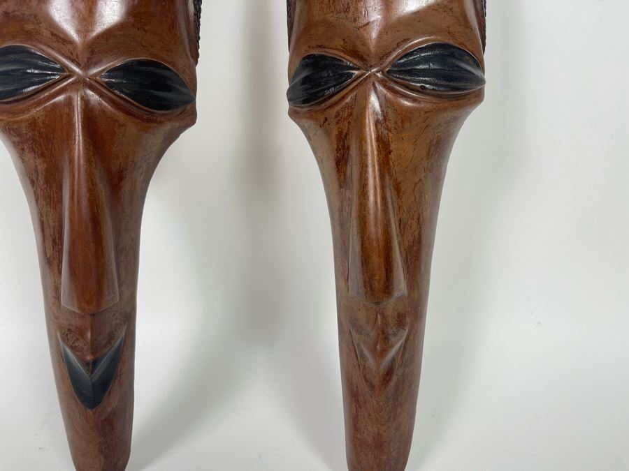 Pair Of Slender African Carved Wooden Masks Wall Hangings 23L X 4.5H Each [Photo 6]