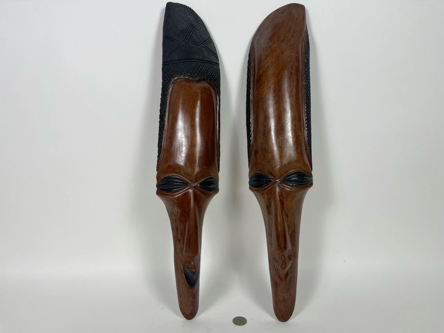 Pair Of Slender African Carved Wooden Masks Wall Hangings 23L X 4.5H Each [Photo 3]