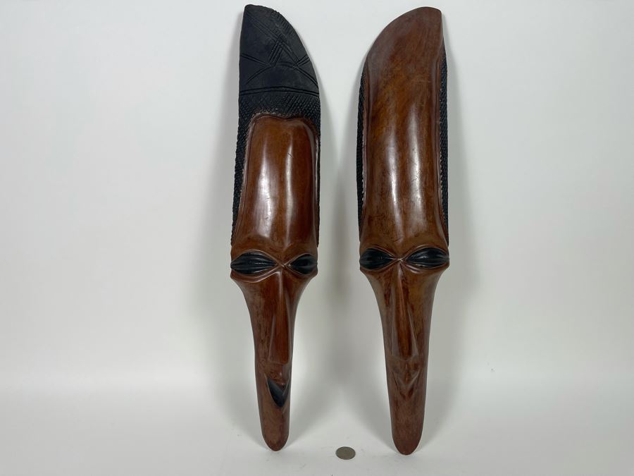 Pair Of Slender African Carved Wooden Masks Wall Hangings 23L X 4.5H Each [Photo 2]
