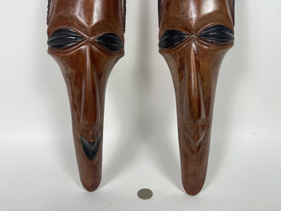 Pair Of Slender African Carved Wooden Masks Wall Hangings 23L X 4.5H Each [Photo 4]