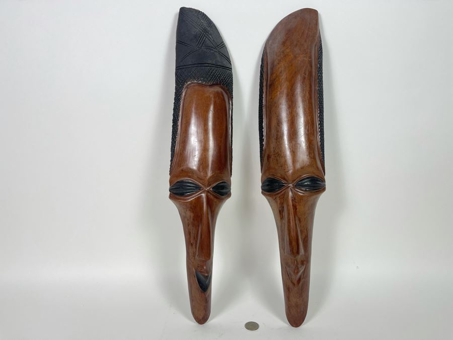 Pair Of Slender African Carved Wooden Masks Wall Hangings 23L X 4.5H Each [Photo 1]