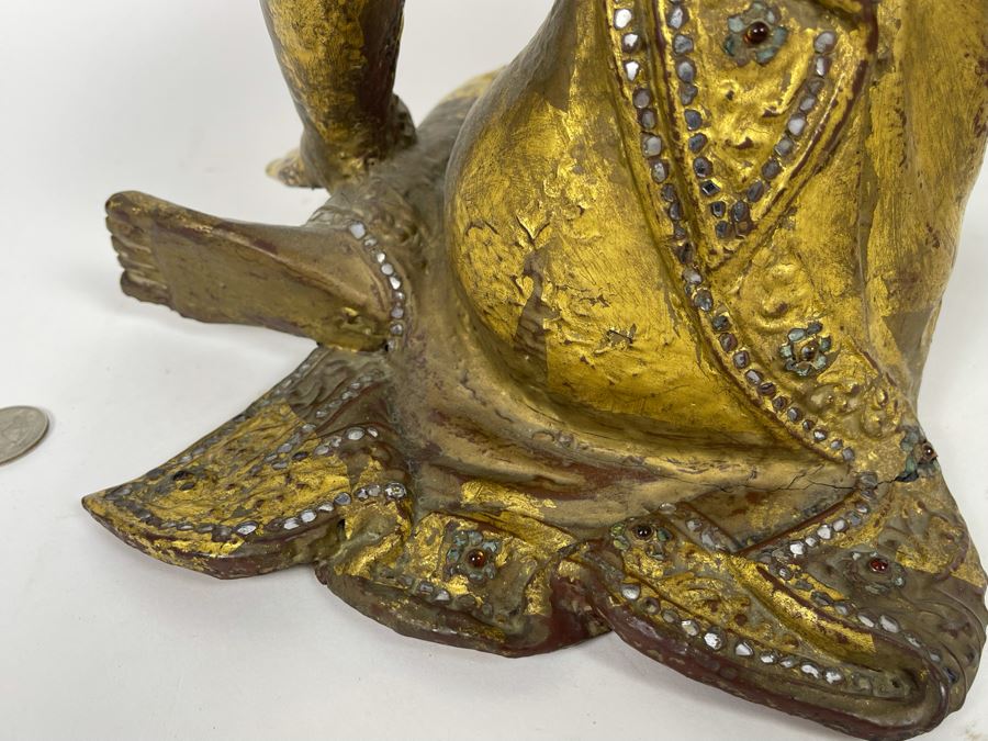 Old Carved Wood Gilded Seated Thai Buddha Sculpture 11W X 10D X 12.5H [Photo 9]