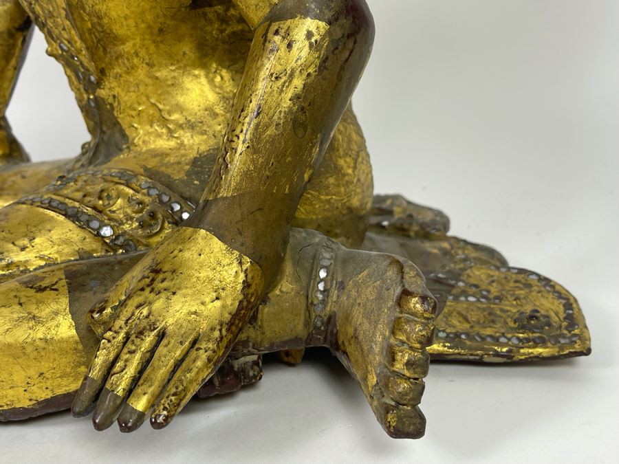 Old Carved Wood Gilded Seated Thai Buddha Sculpture 11W X 10D X 12.5H [Photo 7]