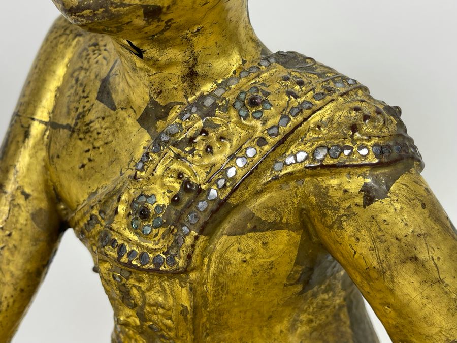 Old Carved Wood Gilded Seated Thai Buddha Sculpture 11W X 10D X 12.5H [Photo 4]