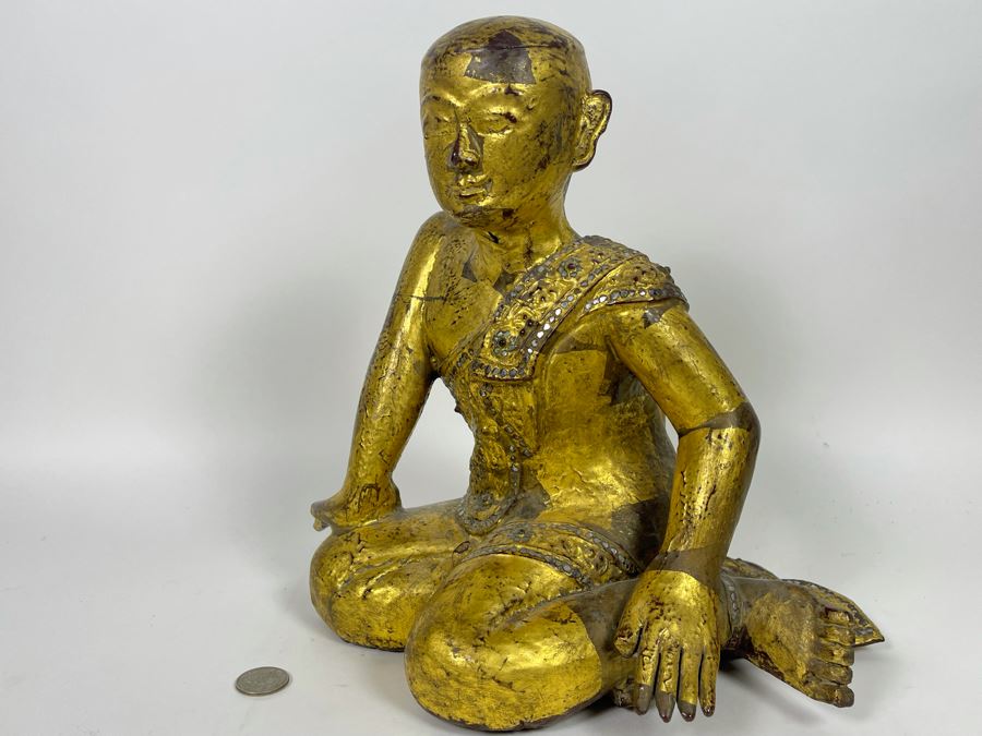 Old Carved Wood Gilded Seated Thai Buddha Sculpture 11W X 10D X 12.5H [Photo 3]