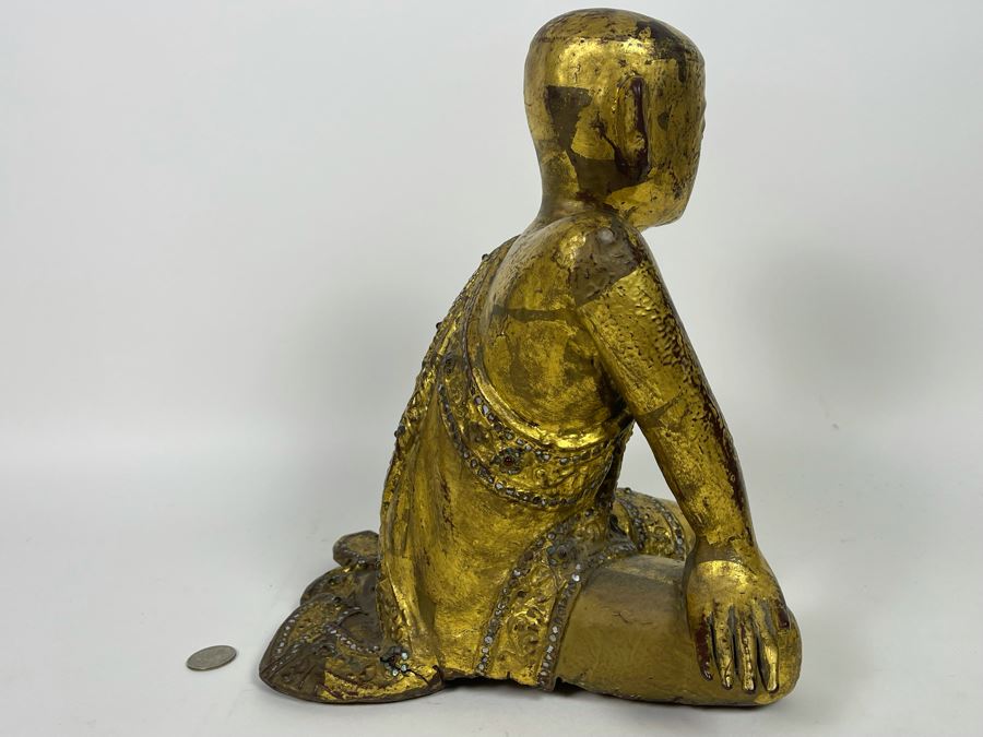 Old Carved Wood Gilded Seated Thai Buddha Sculpture 11W X 10D X 12.5H [Photo 12]