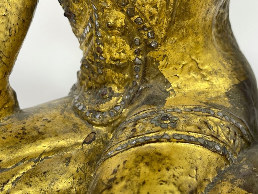 Old Carved Wood Gilded Seated Thai Buddha Sculpture 11W X 10D X 12.5H [Photo 5]