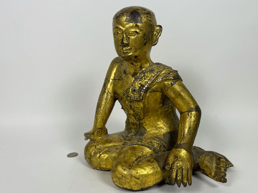 Old Carved Wood Gilded Seated Thai Buddha Sculpture 11W X 10D X 12.5H [Photo 2]