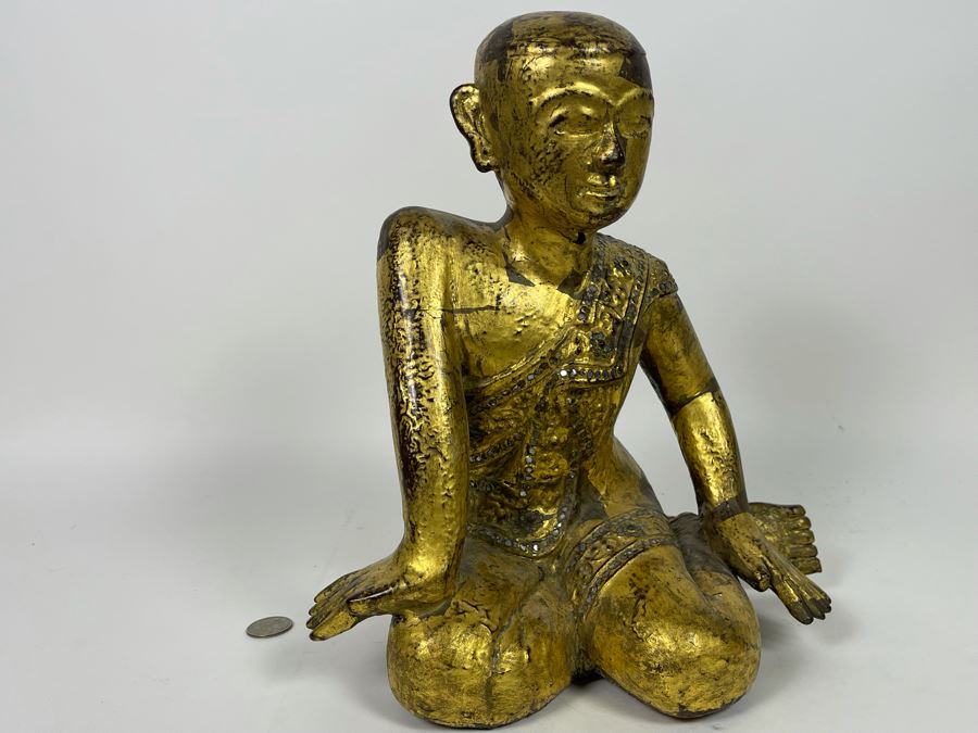 Old Carved Wood Gilded Seated Thai Buddha Sculpture 11W X 10D X 12.5H [Photo 13]