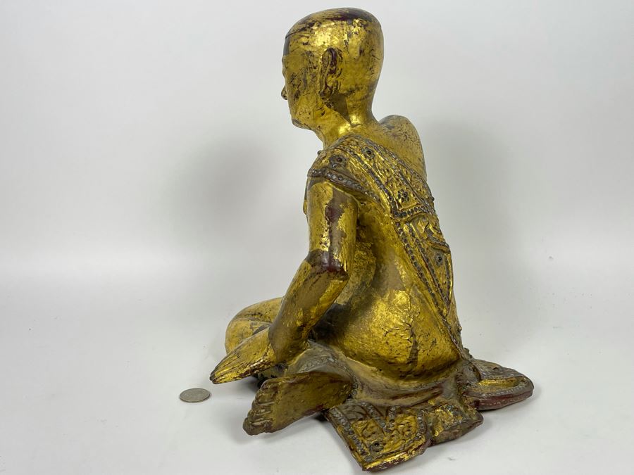 Old Carved Wood Gilded Seated Thai Buddha Sculpture 11W X 10D X 12.5H [Photo 8]