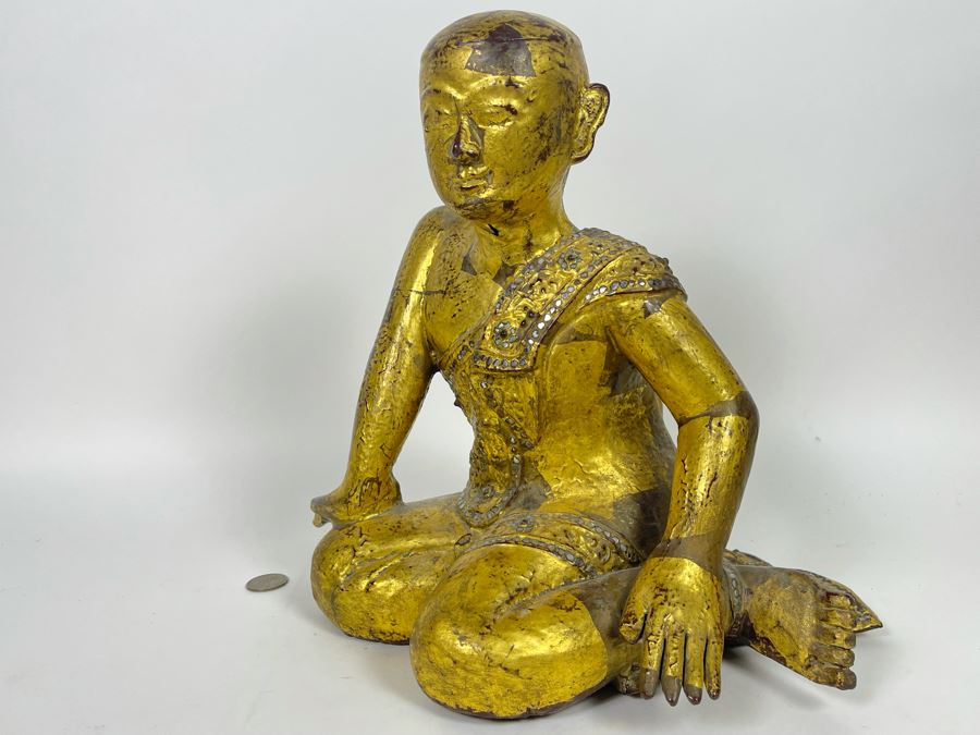 Old Carved Wood Gilded Seated Thai Buddha Sculpture 11W X 10D X 12.5H [Photo 1]