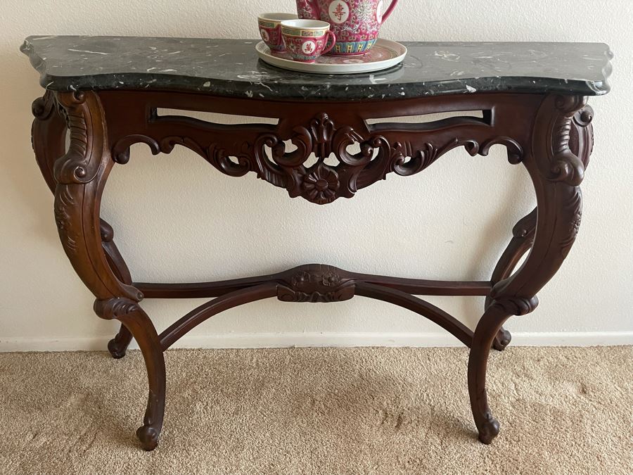 Wooden Marble Top Console Entry Table 50W X 13D X 34H [Photo 2]
