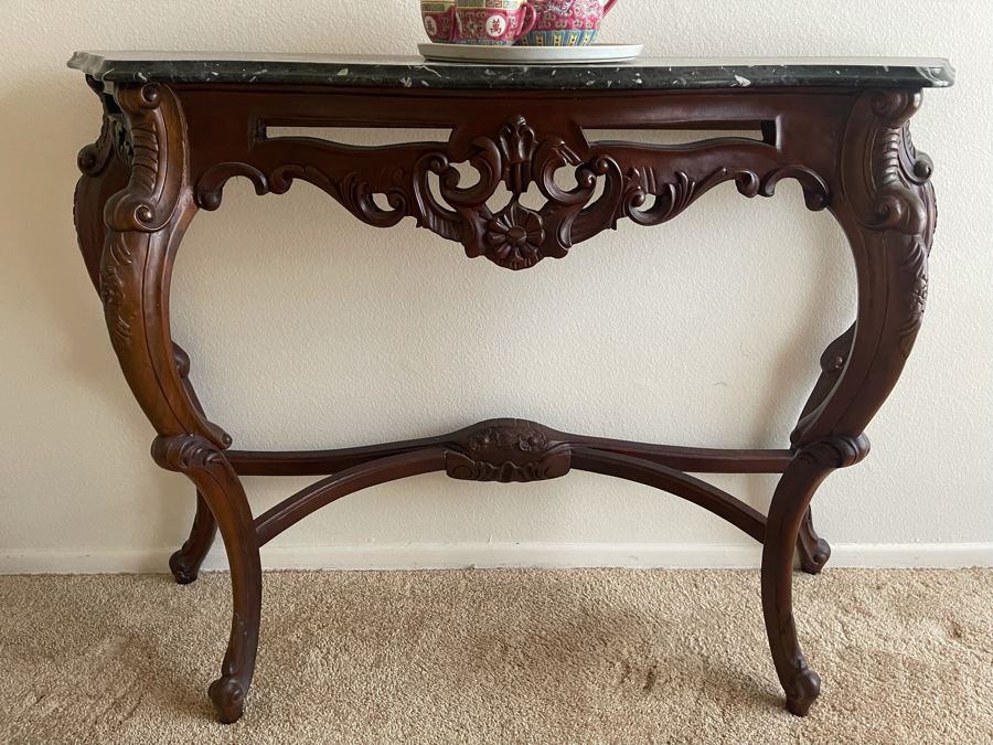 Wooden Marble Top Console Entry Table 50W X 13D X 34H [Photo 3]