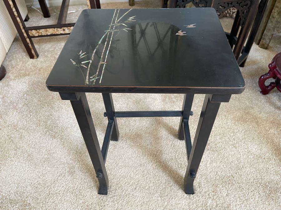 Japanese Wooden Lacquer Inlaid Mother Of Pearl Side Table 13.5W X 12D X 22H [Photo 2]