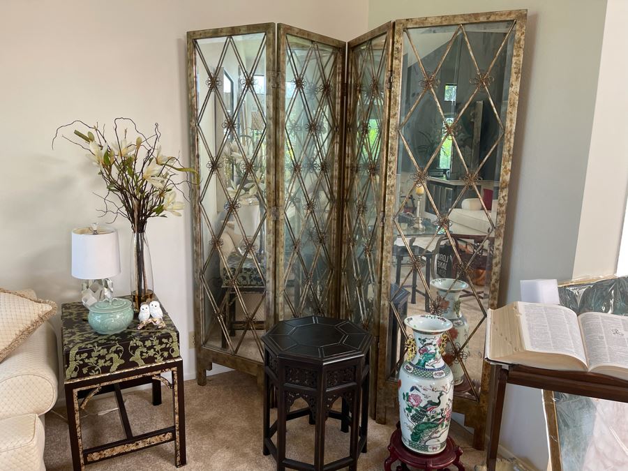 John-Richard Gilt Metal And Mirrored Glass 4-Panel Folding Room Divider Screen Very Heavy 88W X 82.5H [Photo 2]