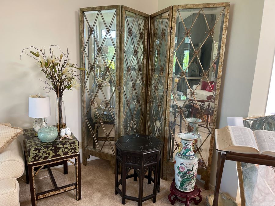 John-Richard Gilt Metal And Mirrored Glass 4-Panel Folding Room Divider Screen Very Heavy 88W X 82.5H [Photo 3]
