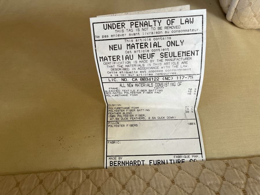 Bernhardt Upholstered Sofa 50% Duck Feathers 92W X 39D X 29H [Photo 7]