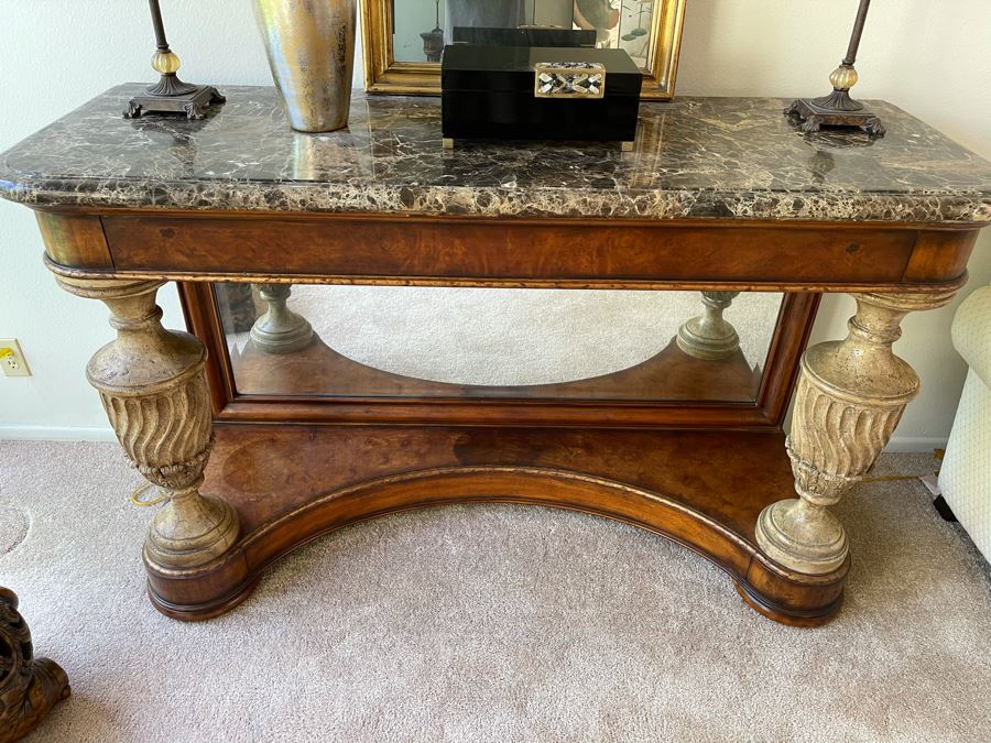 Console Entry Table With Mirrored Bottom And Marble Top 62W X 22D X 39H