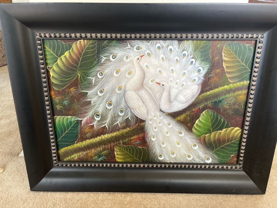 Oil Painting Of White Peacocks With Fancy Frame 24W X 36H Retails $1,695 [Photo 3]