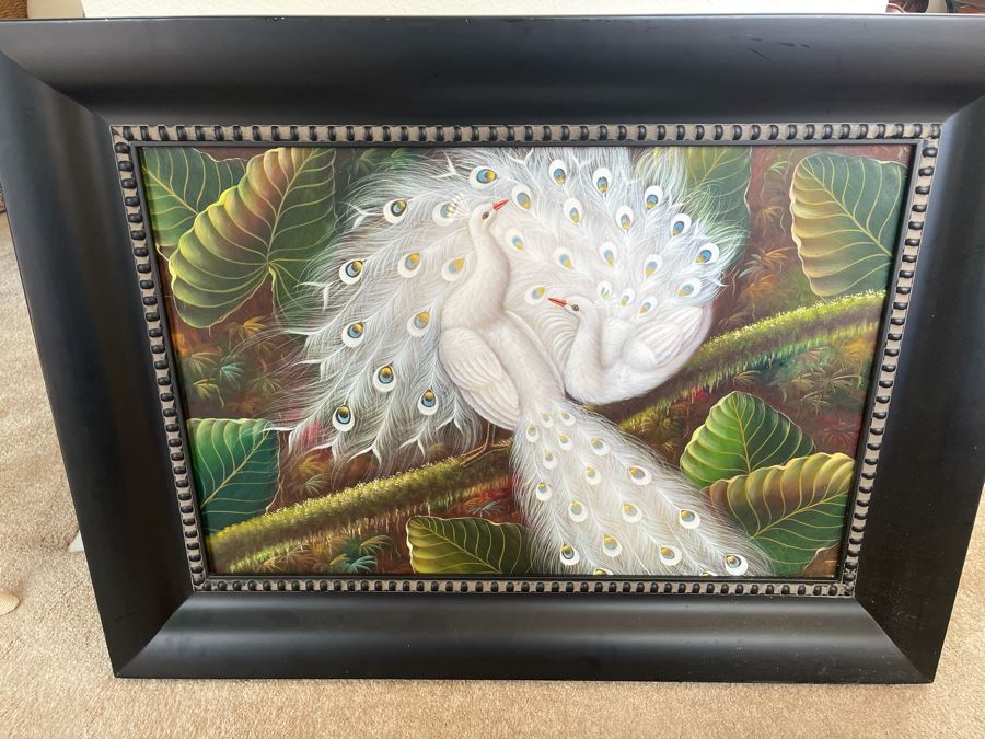 Oil Painting Of White Peacocks With Fancy Frame 24W X 36H Retails $1,695 [Photo 2]