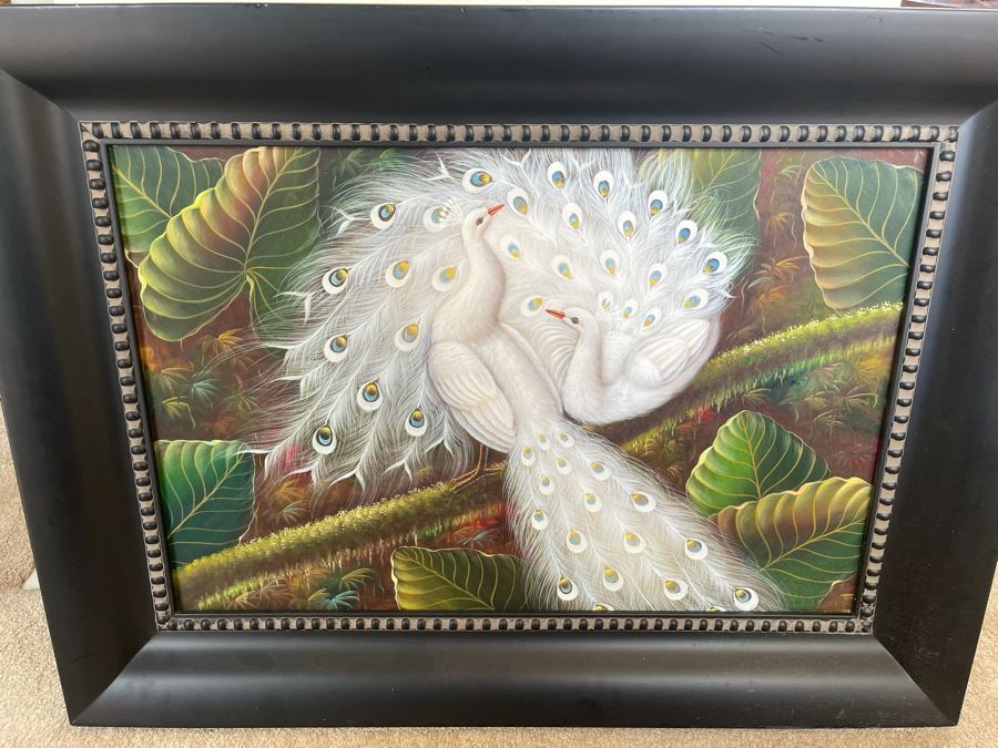 Oil Painting Of White Peacocks With Fancy Frame 24W X 36H Retails $1,695