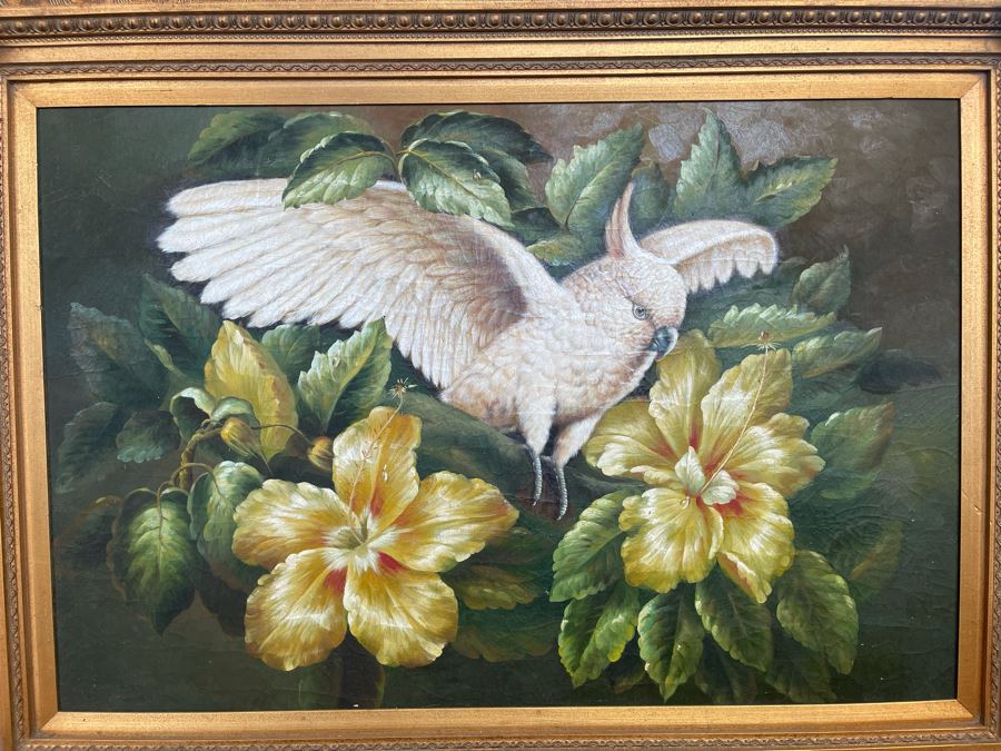 Parrot Painting In Fancy Gilt Wooden Frame 49W X 38H [Photo 4]