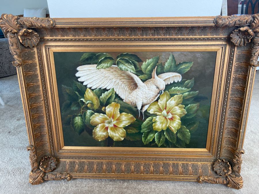 Parrot Painting In Fancy Gilt Wooden Frame 49W X 38H