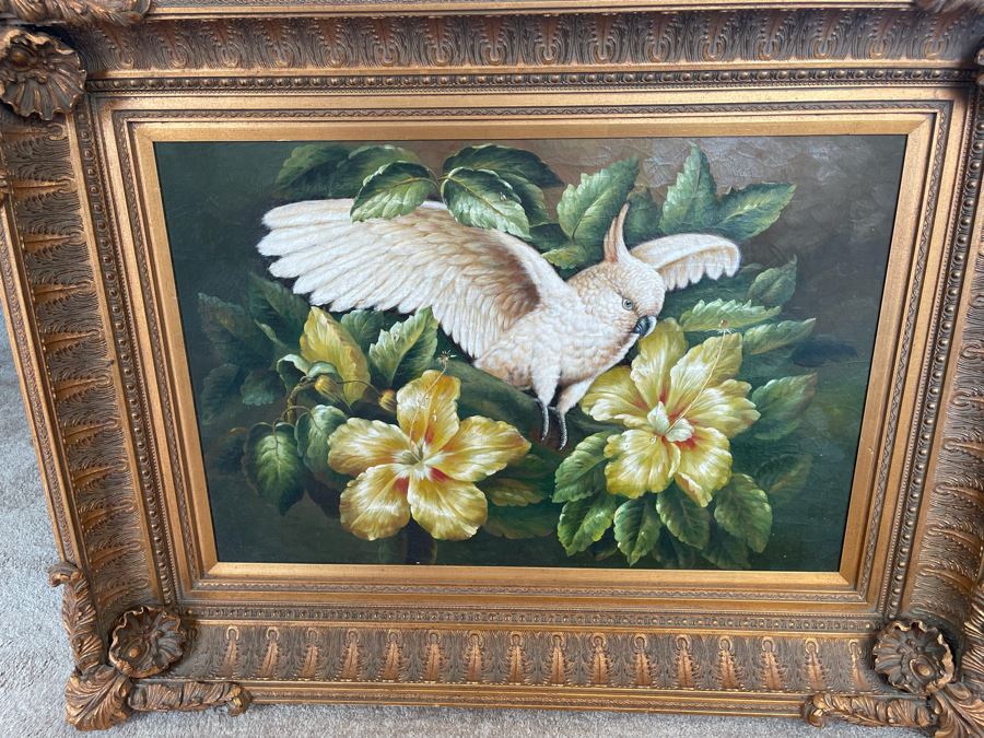 Parrot Painting In Fancy Gilt Wooden Frame 49W X 38H [Photo 3]
