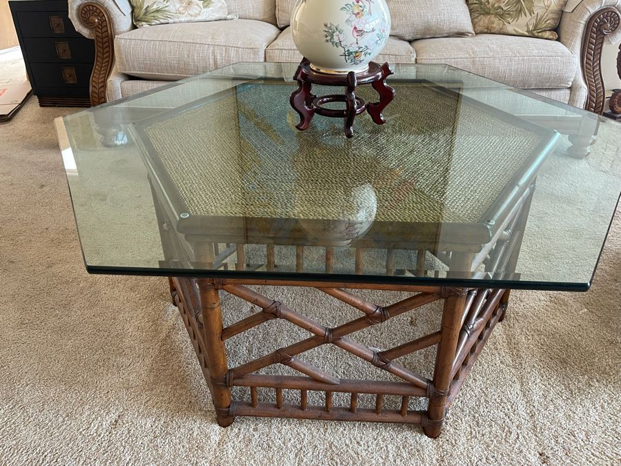 Lexington Coffee Table With Wooden Base And Glass Top Glass Is 44W Base Is 32W [Photo 2]