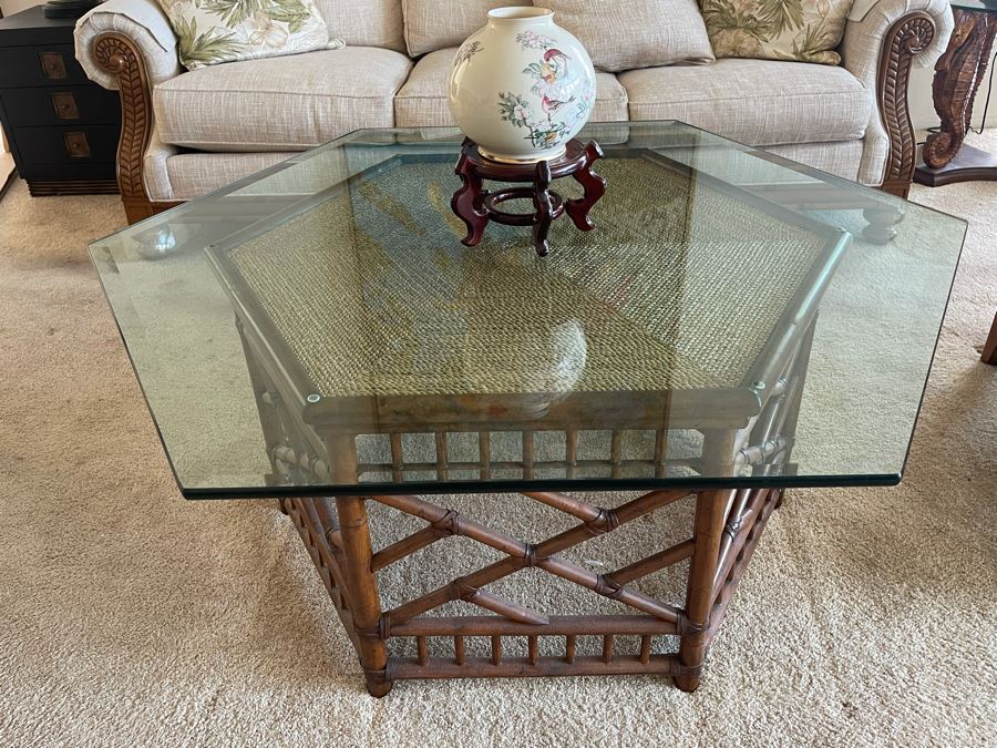 Lexington Coffee Table With Wooden Base And Glass Top Glass Is 44W Base Is 32W [Photo 3]