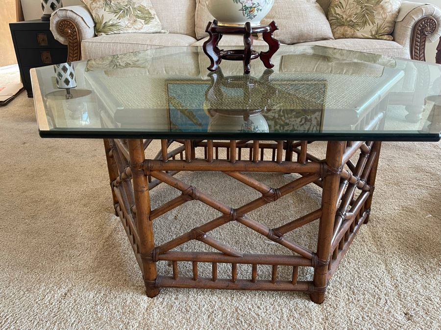 Lexington Coffee Table With Wooden Base And Glass Top Glass Is 44W Base Is 32W [Photo 1]